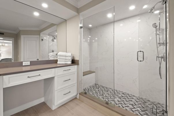 Bathroom, Glass Shower, Interior, Marble Walls, Recessed Lighting, Wood Texture Flooring