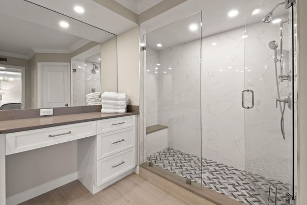 Bathroom, Glass Shower, Interior, Marble Walls, Recessed Lighting, Wood Texture Flooring