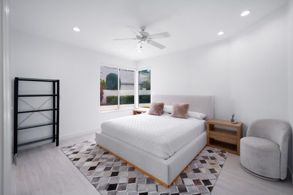 Bedroom, Interior, Recessed Lighting, Wood Texture Flooring
