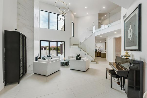 Fireplace, Interior, Living room, Pendant Lights, Piano, Recessed Lighting