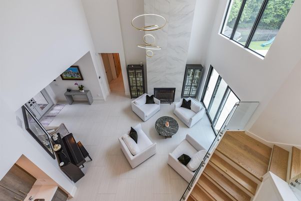 Fireplace, Interior, Living room, Marble Walls, Pendant Lights