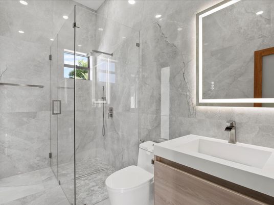 Bathroom, Glass Shower, Interior, Marble Walls, Recessed Lighting