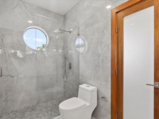 Bathroom, Glass Shower, Interior, Marble Walls, Recessed Lighting