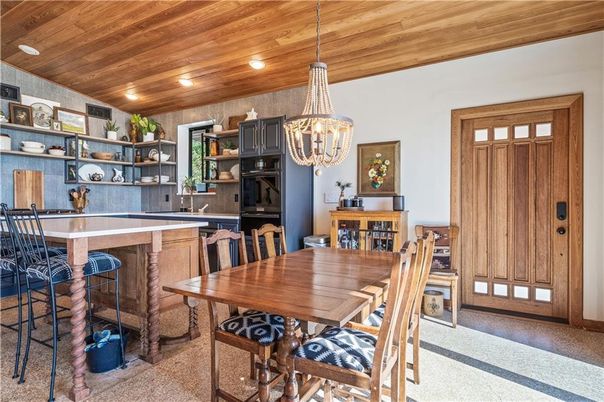 Chandelier, Dining room, Interior, Kitchen, Recessed Lighting, Wooden Ceilings, Wood Texture Flooring