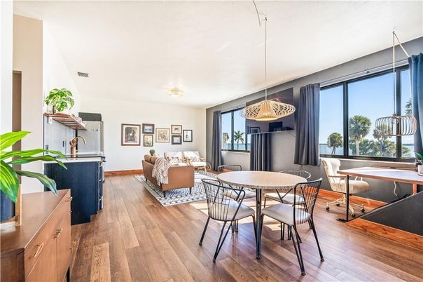 Dining room, Interior, Living room, Pendant Lights, Wood Texture Flooring
