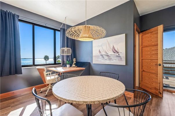 Dining room, Interior, Pendant Lights, Water, Wood Texture Flooring
