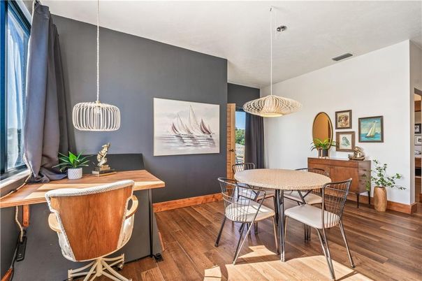 Dining room, Interior, Pendant Lights, Wood Texture Flooring