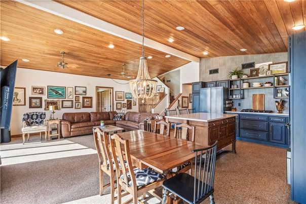 Chandelier, Dining room, Interior, Kitchen, Living room, Pendant Lights, Recessed Lighting, Wooden Ceilings