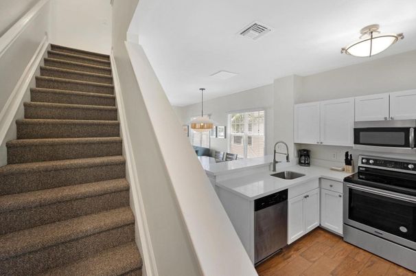 Interior, Kitchen, Pendant Lights, Stainless Steel Appliances, Wood Texture Flooring