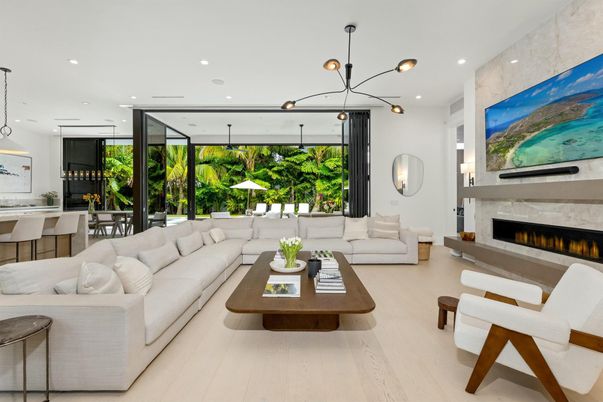 Dining room, Fireplace, Interior, Living room, Pendant Lights, Recessed Lighting, Wood Texture Flooring