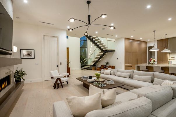 Dining room, Fireplace, Interior, Kitchen, Living room, Pendant Lights, Recessed Lighting, Wood Texture Flooring