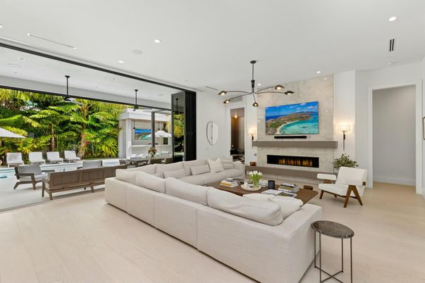 Dining room, Fireplace, Interior, Living room, Pendant Lights, Recessed Lighting, Wood Texture Flooring