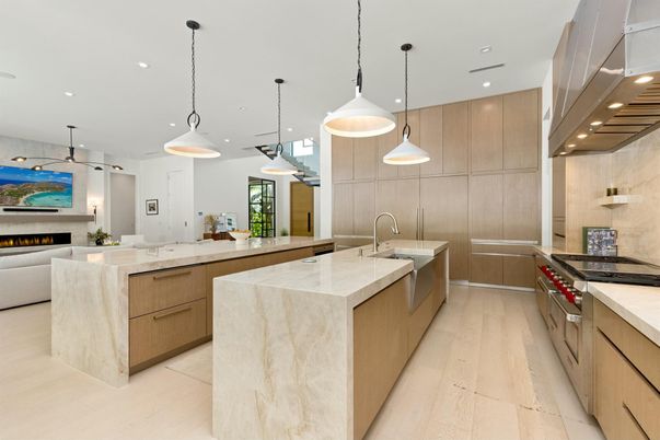 Fireplace, Interior, Kitchen, Pendant Lights, Recessed Lighting, Stainless Steel Appliances, Wood Texture Flooring
