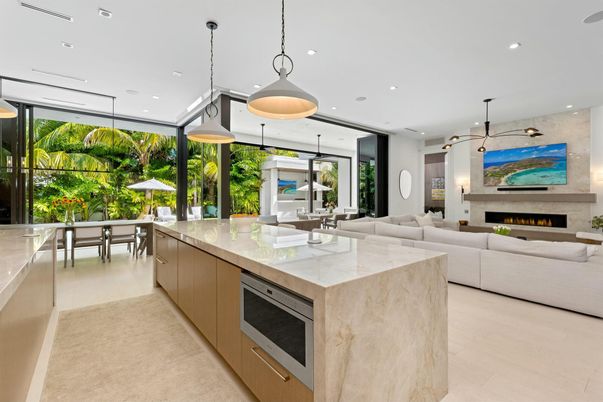 Dining room, Fireplace, Interior, Kitchen, Living room, Pendant Lights, Recessed Lighting