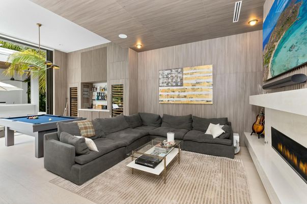 Billiard Table, Fireplace, Game Room, Interior, Living room, Pendant Lights