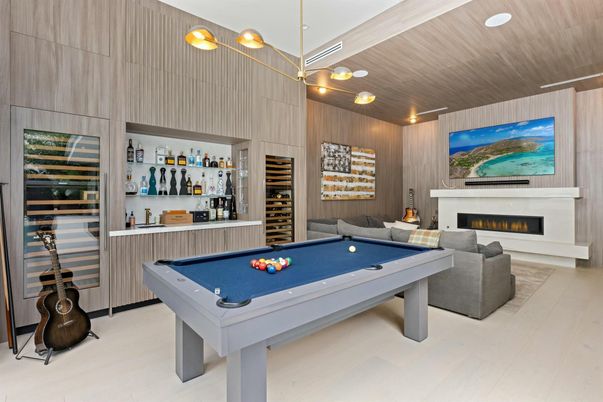 Billiard Table, Fireplace, Game Room, Interior, Pendant Lights, Wood Texture Flooring, Wooden Walls