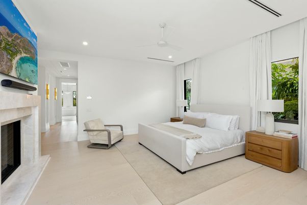 Bedroom, Fireplace, Interior, Recessed Lighting, Wood Texture Flooring