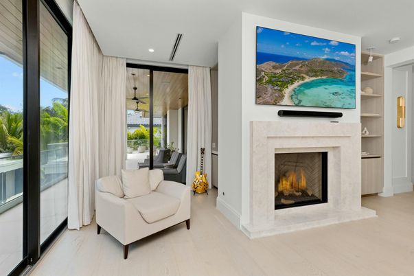 Fireplace, Interior, Recessed Lighting, Wood Texture Flooring