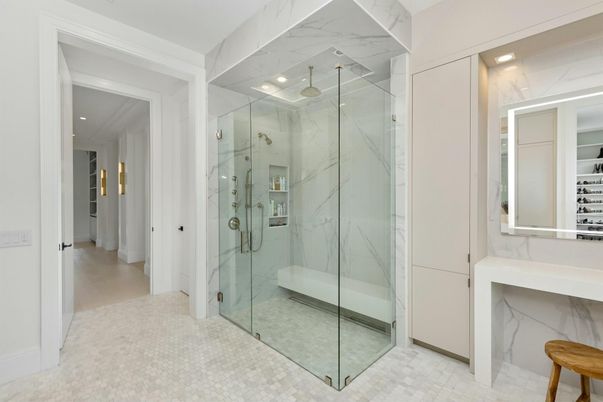 Bathroom, Glass Shower, Interior, Marble Walls, Recessed Lighting