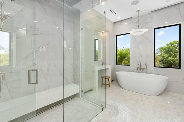 Bathroom, Free Standing Baths, Glass Shower, Interior, Marble Walls, Pendant Lights, Recessed Lighting
