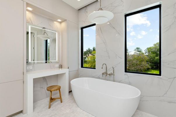 Bathroom, Free Standing Baths, Interior, Marble Walls, Pendant Lights, Recessed Lighting