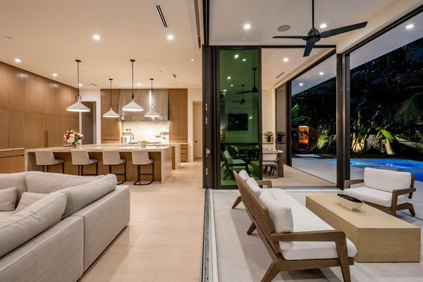 Interior, Kitchen, Living room, Pendant Lights, Recessed Lighting, Wood Texture Flooring