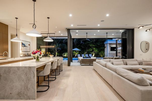 Interior, Kitchen, Living room, Pendant Lights, Recessed Lighting, Wood Texture Flooring