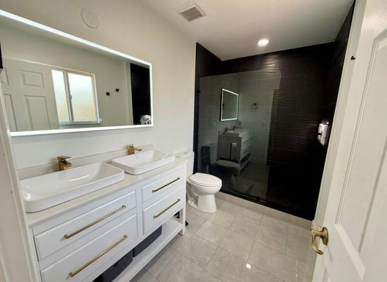 Bathroom, Dual Sink Vanities, Glass Shower, Interior, Recessed Lighting