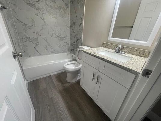 Bathroom, Interior, Marble Walls, Wood Texture Flooring