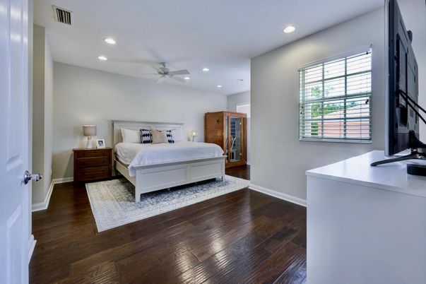 Bedroom, Interior, Recessed Lighting, Wood Texture Flooring