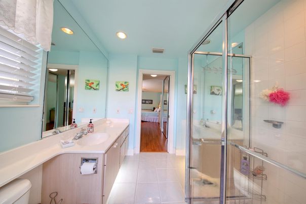 Bathroom, Glass Shower, Interior, Recessed Lighting, Wood Texture Flooring