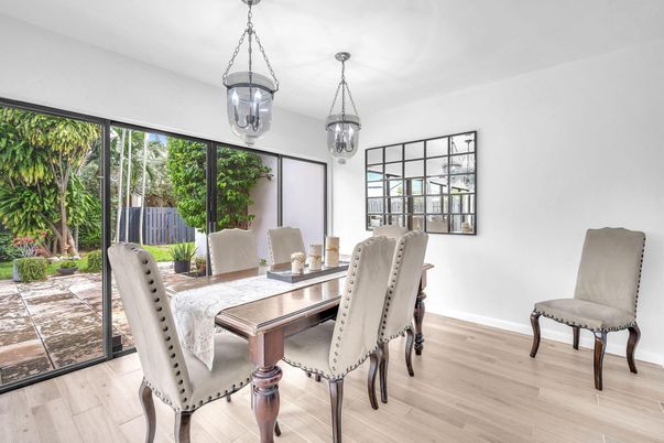Dining room, Interior, Pendant Lights, Wood Texture Flooring