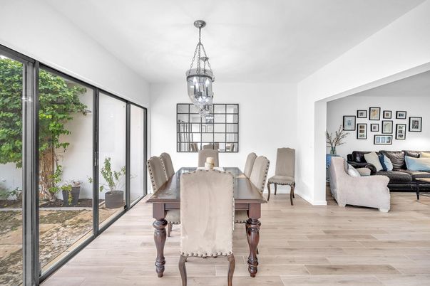 Dining room, Interior, Living room, Pendant Lights, Wood Texture Flooring