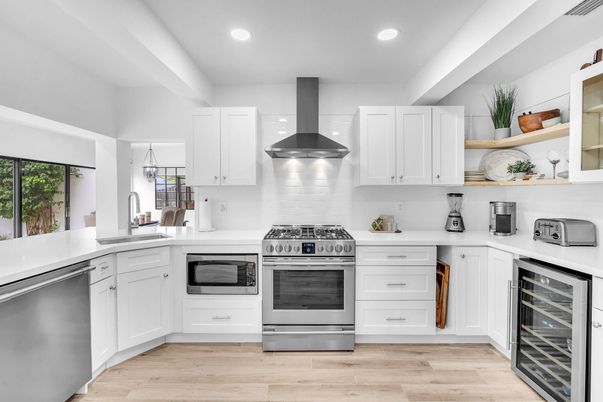 Interior, Kitchen, Recessed Lighting, Stainless Steel Appliances, Wood Texture Flooring