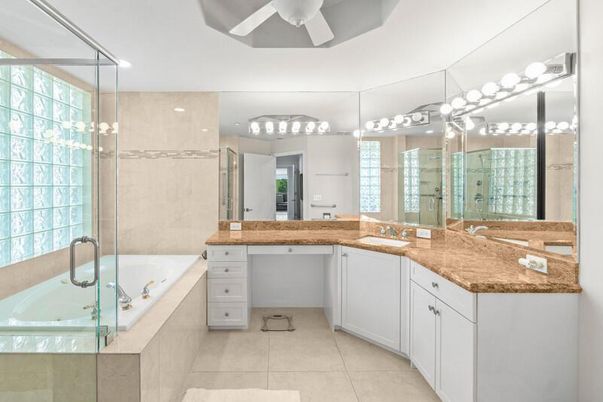 Bathroom, Dual Sink Vanities, Glass Shower, Interior, Recessed Lighting