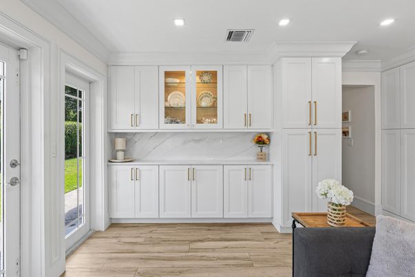 Interior, Kitchen, Marble Walls, Recessed Lighting, Wood Texture Flooring