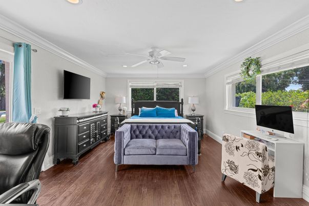Bedroom, Interior, Recessed Lighting, Wood Texture Flooring