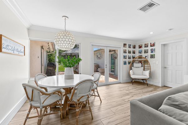 Dining room, Interior, Pendant Lights, Recessed Lighting, Wood Texture Flooring