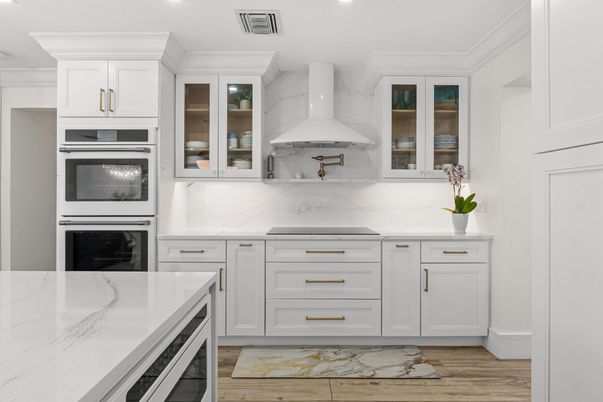 Interior, Kitchen, Marble Walls, Recessed Lighting, Stainless Steel Appliances, Wood Texture Flooring