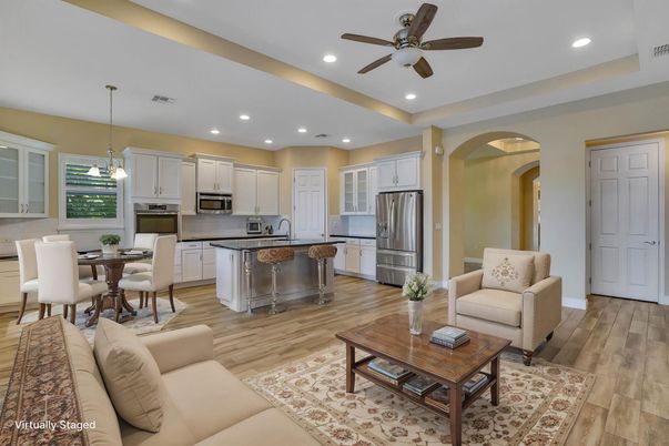 Dining room, Interior, Kitchen, Living room, Pendant Lights, Recessed Lighting, Stainless Steel Appliances, Wood Texture Flooring
