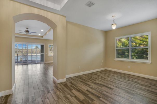 Empty room, Interior, Pendant Lights, Recessed Lighting, Wood Texture Flooring