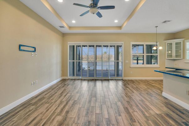 Empty room, Interior, Pendant Lights, Recessed Lighting, Wood Texture Flooring