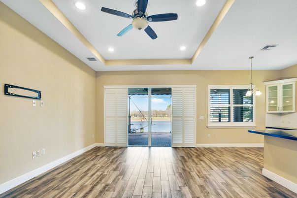 Empty room, Interior, Pendant Lights, Recessed Lighting, Wood Texture Flooring