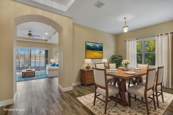 Dining room, Interior, Living room, Recessed Lighting, Wood Texture Flooring