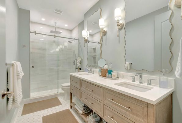 Bathroom, Dual Sink Vanities, Glass Shower, Interior, Recessed Lighting