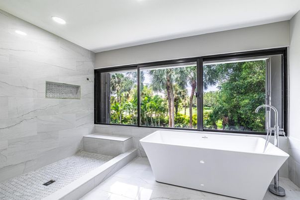 Bathroom, Free Standing Baths, Interior, Marble, Marble Walls, Recessed Lighting