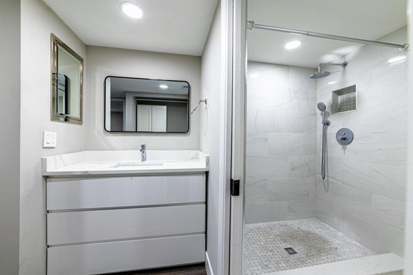 Bathroom, Glass Shower, Interior, Marble Walls, Recessed Lighting