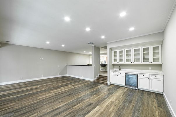 Empty room, Interior, Kitchen, Recessed Lighting, Wood Texture Flooring