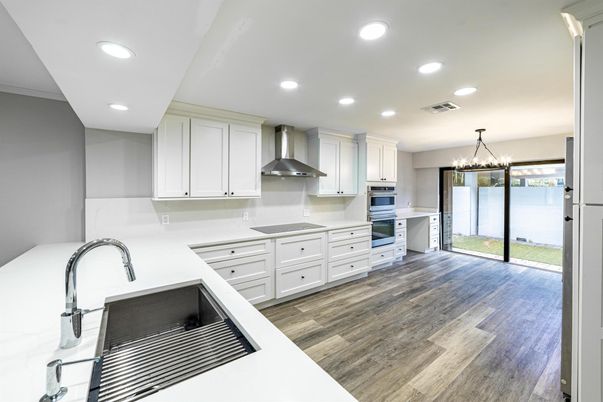 Chandelier, Interior, Kitchen, Pendant Lights, Recessed Lighting, Wood Texture Flooring