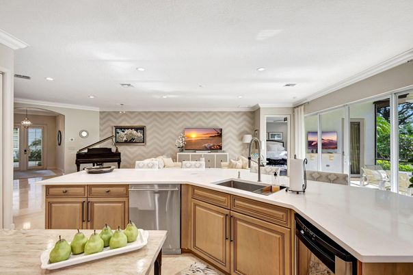 Fireplace, Interior, Kitchen, Living room, Pendant Lights, Piano, Recessed Lighting